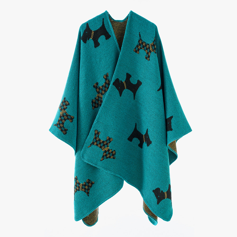 Women Oversized Poncho with jacquard woven Terrier motif and contrasting lining Mune Fashion