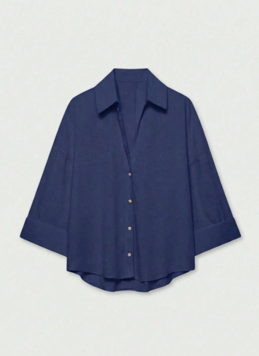 Women's Lightweight Oversized Linen Look Blouse with Three-Quarter Sleeves and Full Button Placket Mune Fashion