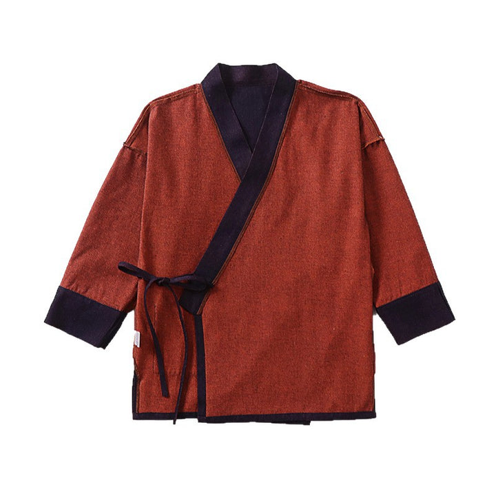 Unisex Lightweight Wrap Kimono Jacket made of Linen-Cotton Blend with Contrast Trim and Tie Belt Mune Fashion