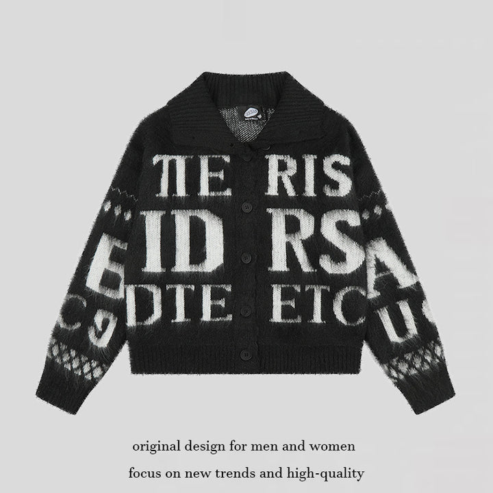 Women’s oversized mohair cardigan with button placket, large lapel collar, and typographic all-over print Mune Fashion