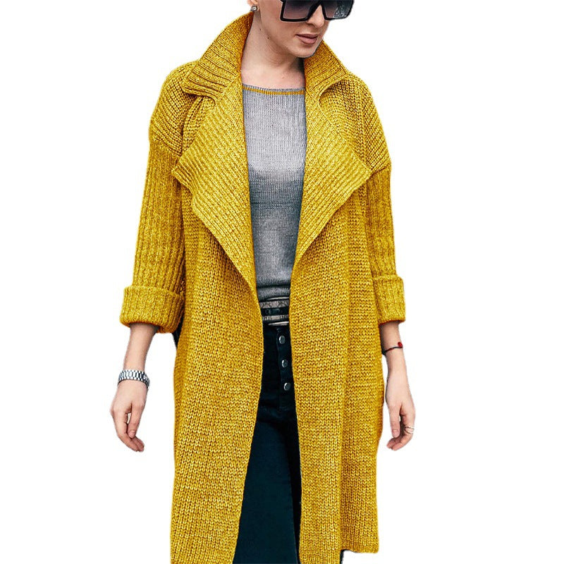 Women Long Open Knit Coat with Shawl Collar and Cuffed Sleeves Mune Fashion