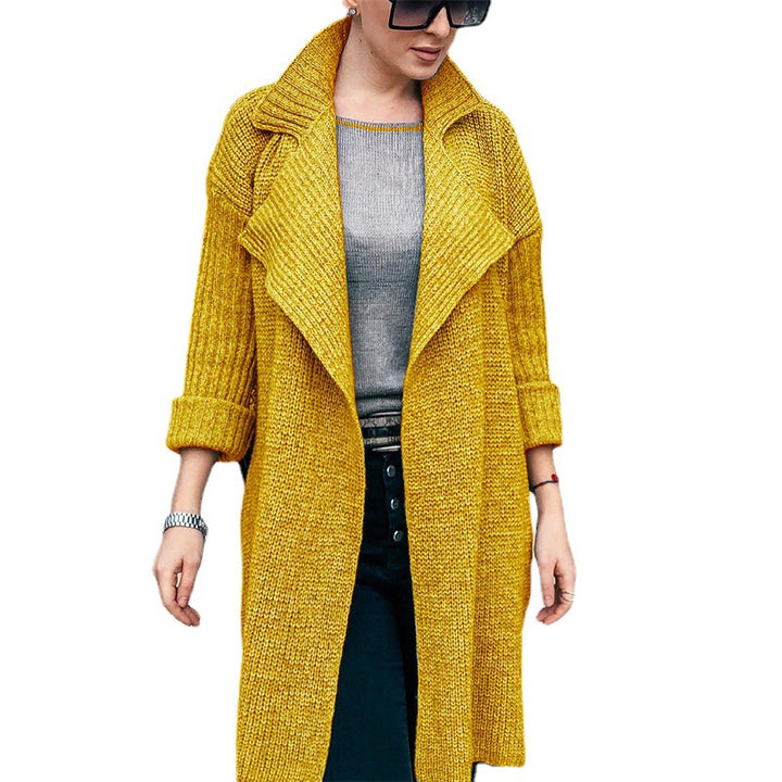 Women Long Open Knit Coat with Shawl Collar and Cuffed Sleeves Mune Fashion