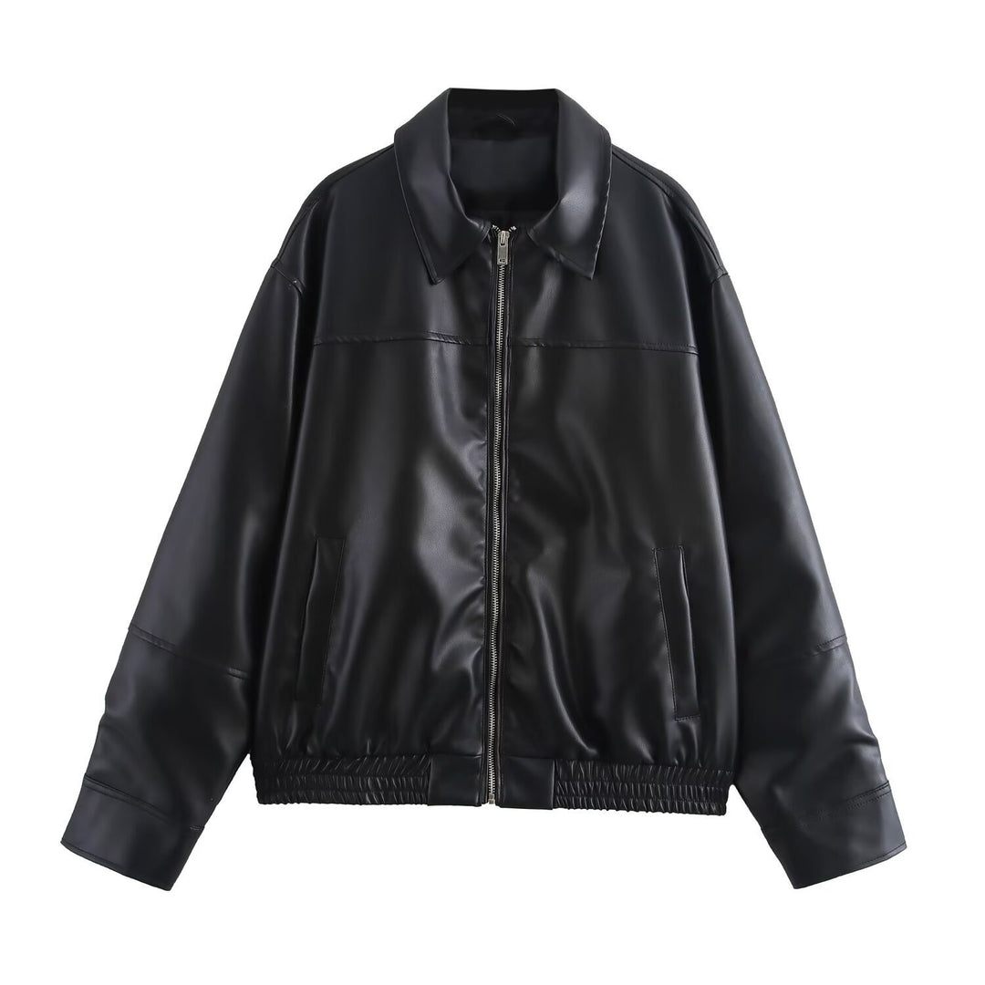 Men's oversized faux leather bomber jacket with shirt collar, full zip, side pockets, and elastic hem Mune Fashion