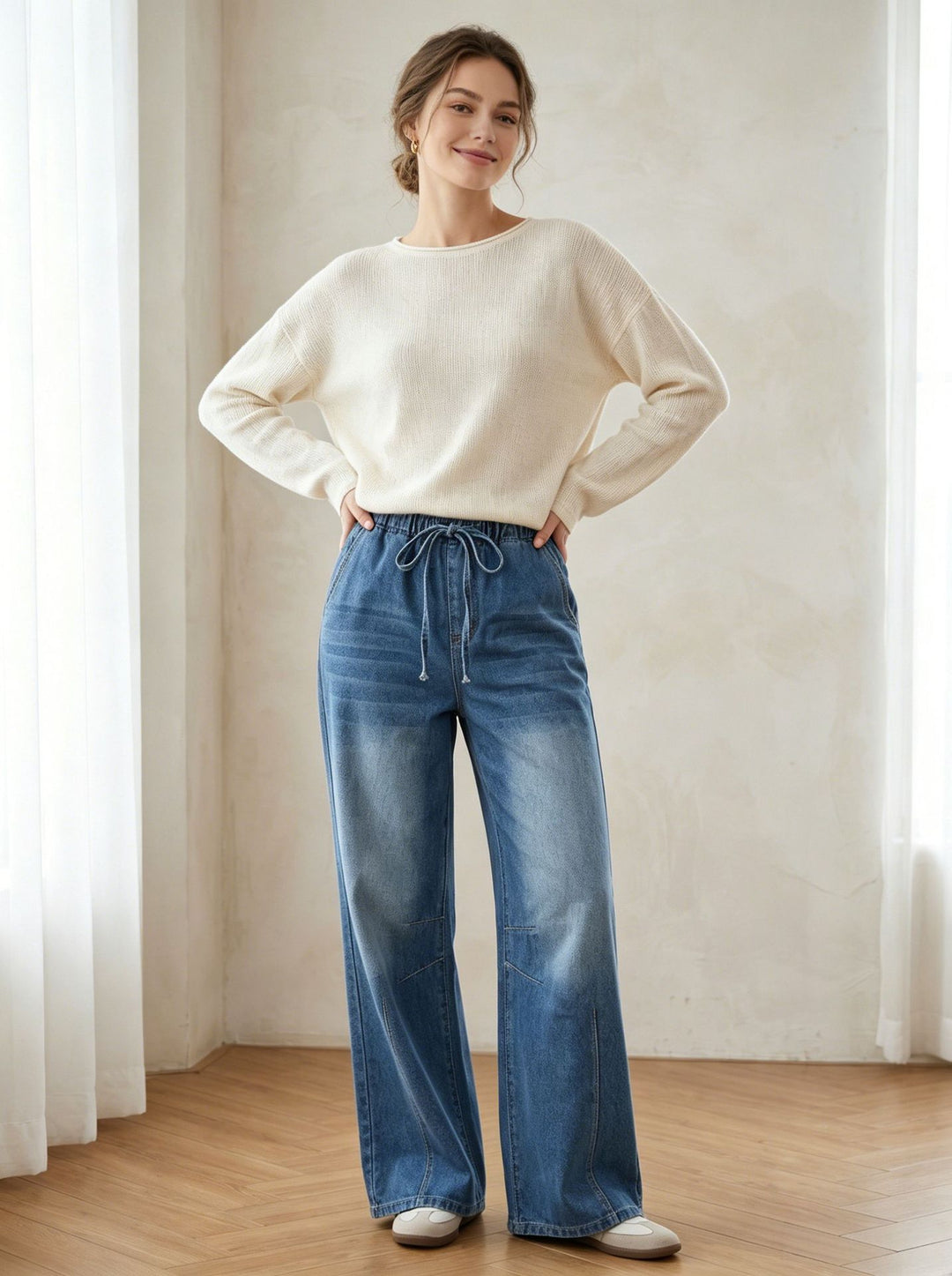 Women's Relaxed-Fit Denim Pants with elastic drawstring waistband, subtle used effect, and wide leg Mune Fashion