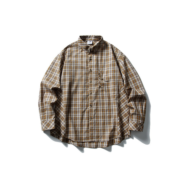 Unisex Oversize Checked Shirt with Stand-up Collar, Breast Pocket and Rounded Hem Mune Fashion