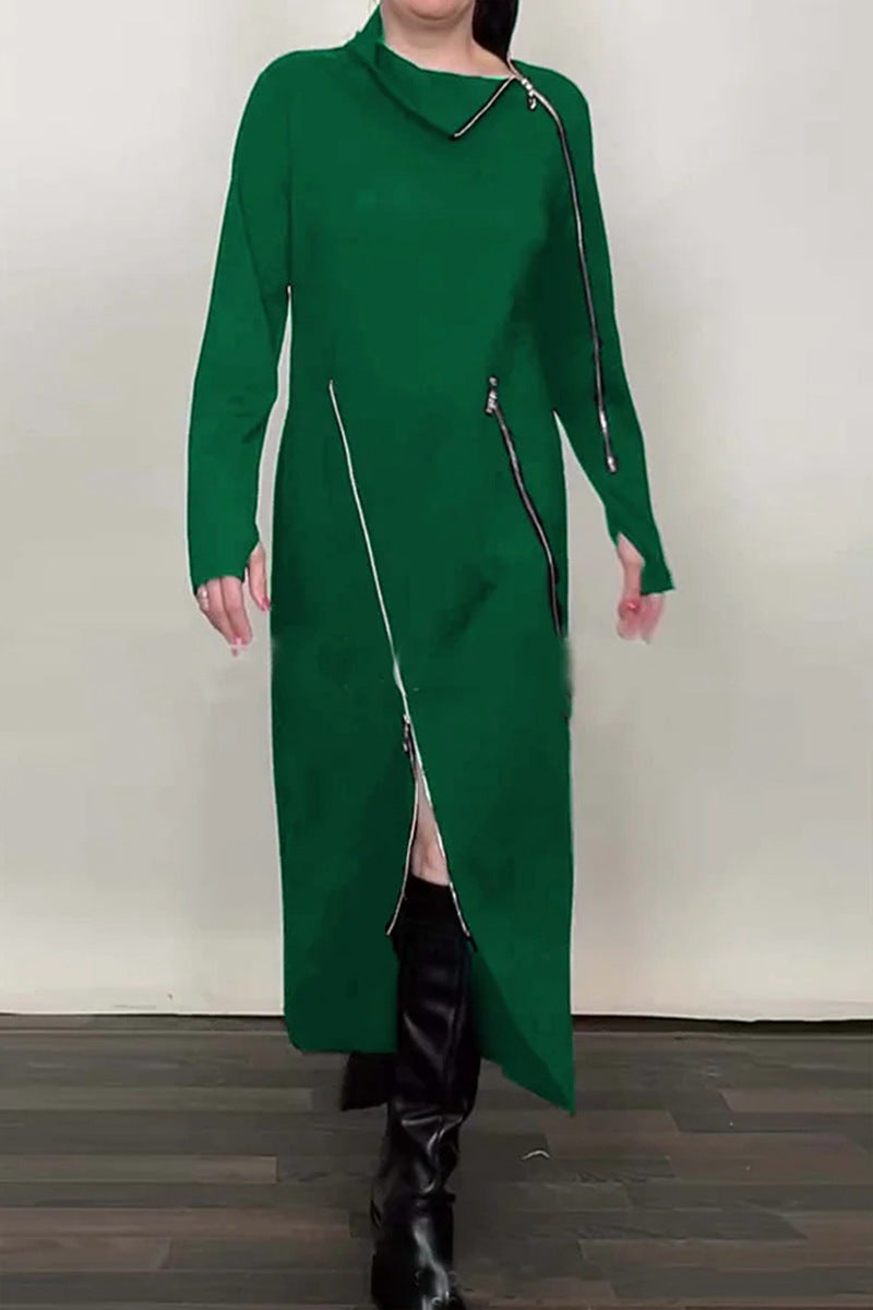 Women's Long Knit Dress with Asymmetric Metal Zippers and Front Slit Mune Fashion