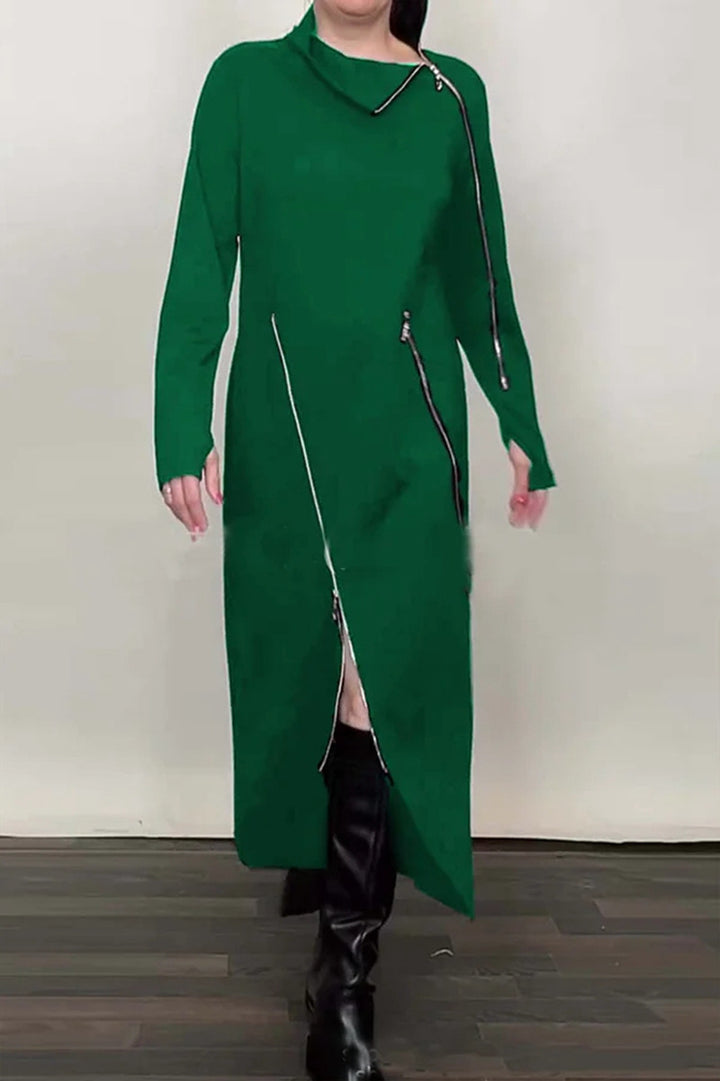 Women's Long Knit Dress with Asymmetric Metal Zippers and Front Slit Mune Fashion