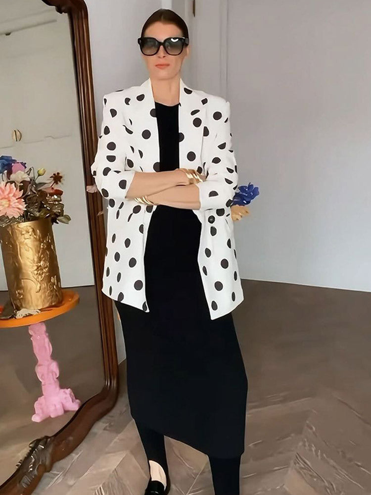 Women Polka Dot Long Blazer with Structured Shoulder and Oversized Cut Mune Fashion