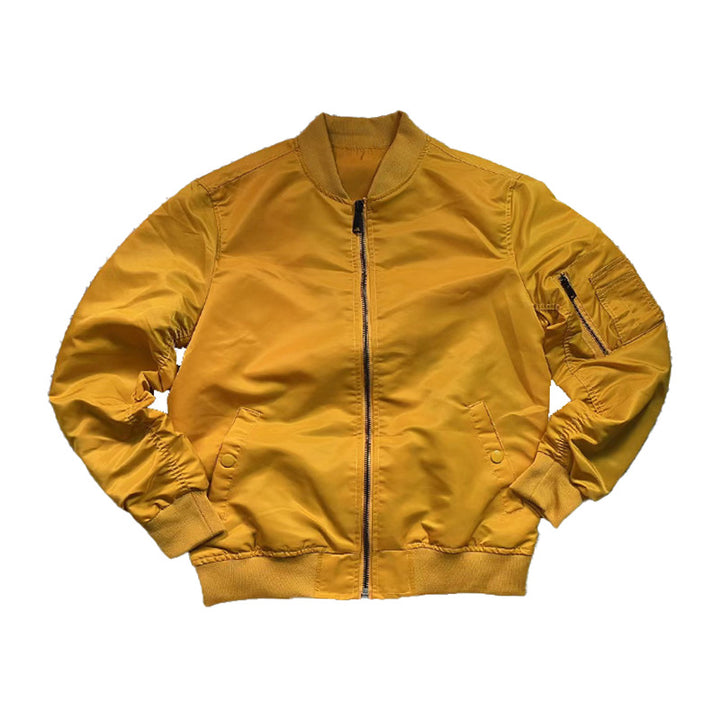 Men's lightweight nylon bomber jacket with sleeve zipper pocket and elastic cuffs