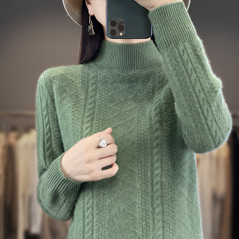 Women's Soft Cable Knit Mock Neck Sweater with Light Mohair Effect Mune Fashion