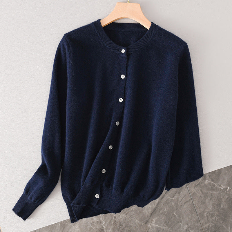 Women Lightweight Round Neck Button Cardigan in Cashmere Look with Fine Ribbed Edge and Casual Silhouette Mune Fashion
