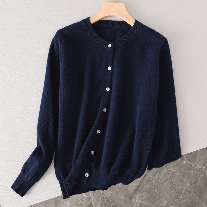 Women Lightweight Round Neck Button Cardigan in Cashmere Look with Fine Ribbed Edge and Casual Silhouette Mune Fashion