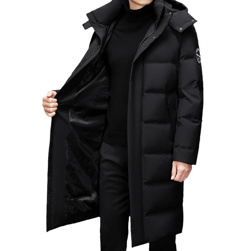 Men's Maxi-Length Thermal Quilted Coat with High Collar and Concealed Front Mune Fashion