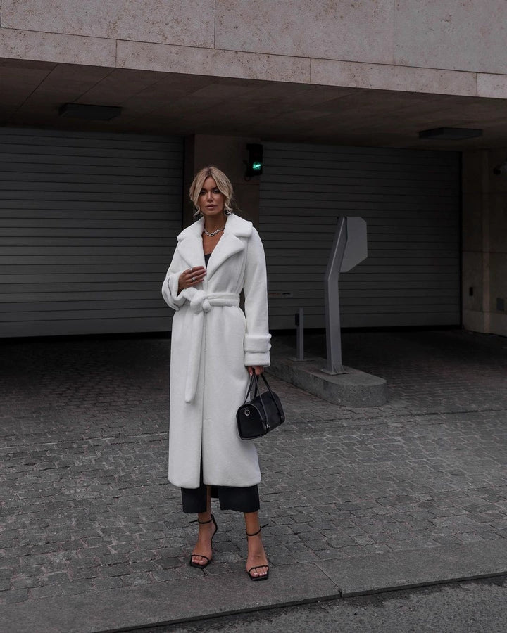 Women Elegant Maxi Wool Coat with Waist Belt, Wide Lapel and Roll-Up Cuffs Mune Fashion