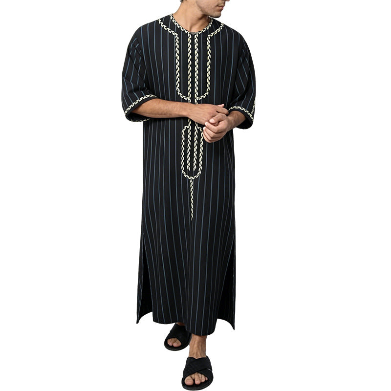 Men's striped Djellaba with decorative chest embroidery and side slit Mune Fashion