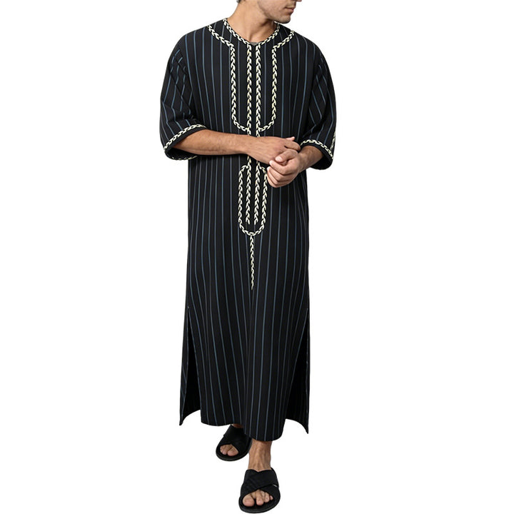 Men's striped Djellaba with decorative chest embroidery and side slit Mune Fashion