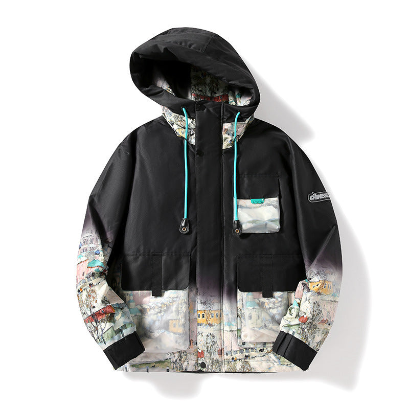 Unisex Hooded Parka with Urban Photo Print, Transparent Pockets and Drawstring Mune Fashion