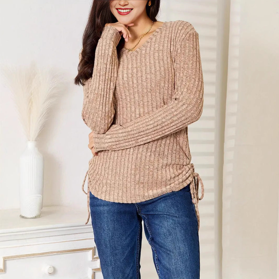 Women's Ribbed Fine Knit Long Sleeve with V-Neck and Side Drawstring Mune Fashion