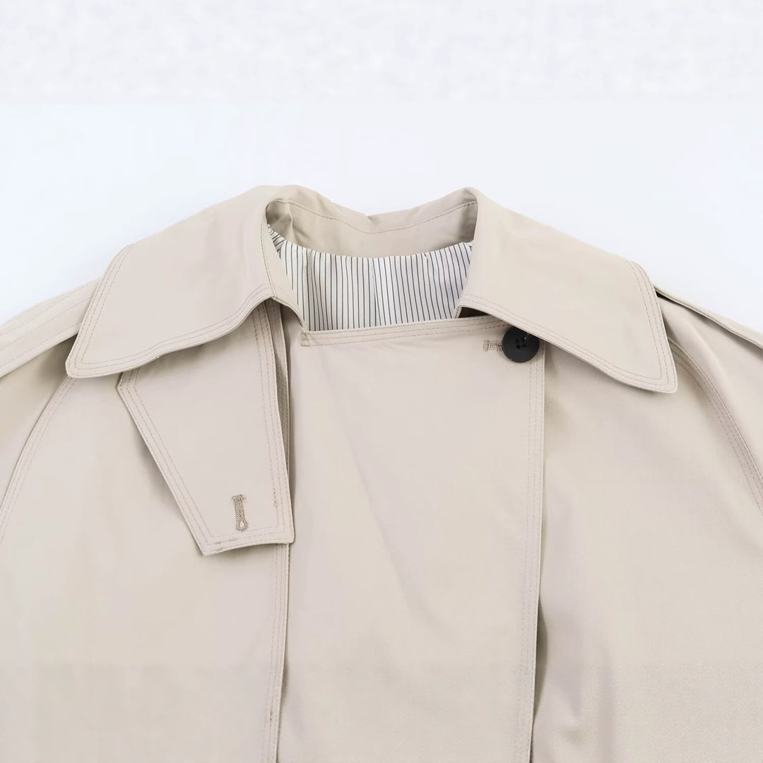 Women's Short Trench Coat with Waist Belt and Cape Detail Mune Fashion