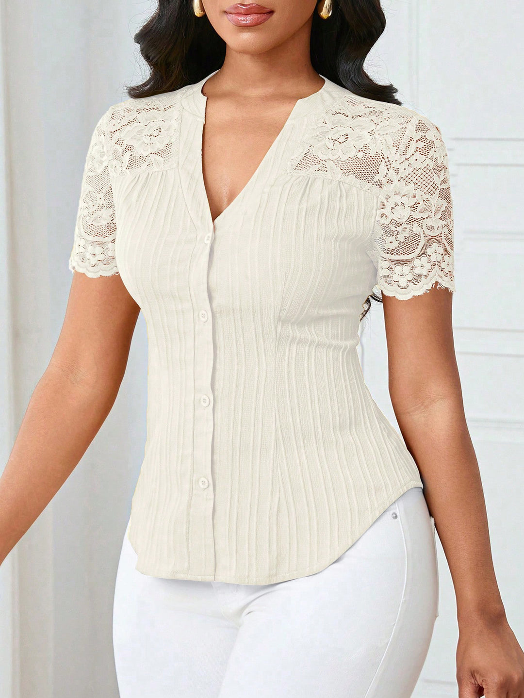 Women's Fitted Short Sleeve Blouse with Lace Sleeves and Button Placket Mune Fashion
