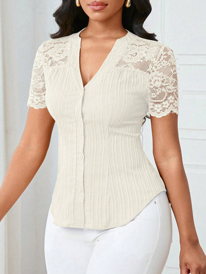 Women's Fitted Short Sleeve Blouse with Lace Sleeves and Button Placket Mune Fashion