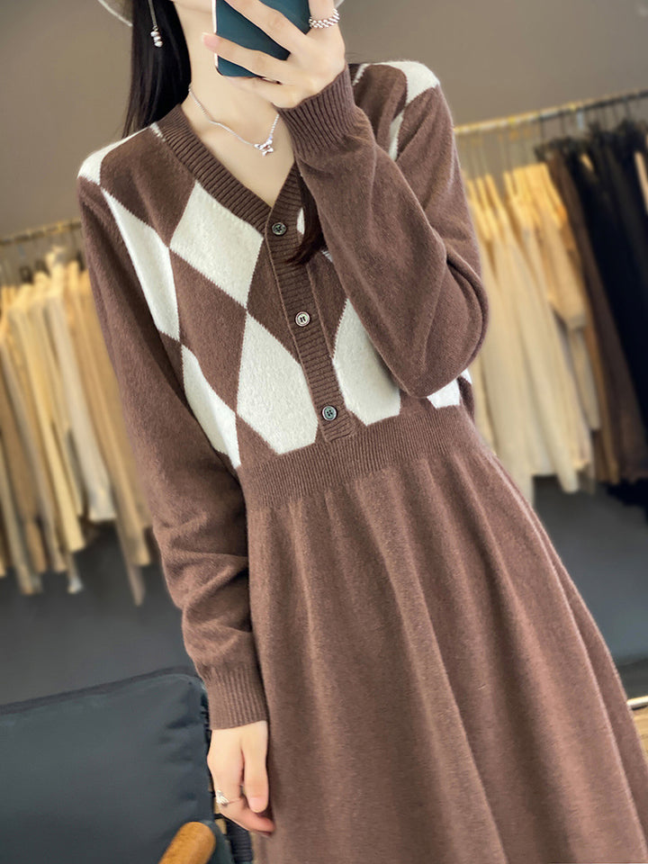 Women's knit set with V cardigan diamond pattern and fitted midi skirt Mune Fashion