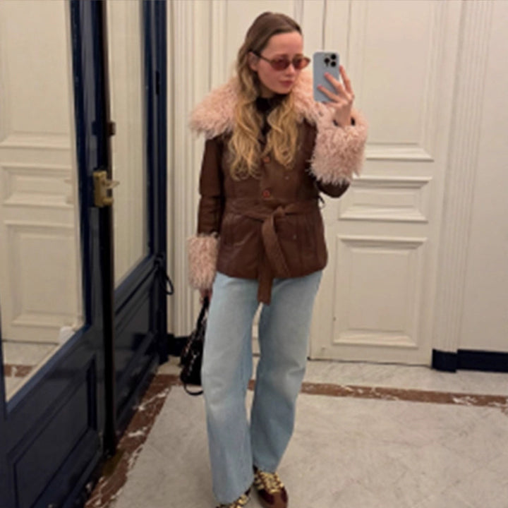 Women tailored leather imitation jacket with tie belt, opulent removable faux fur shawl collar and fur cuffs Mune Fashion