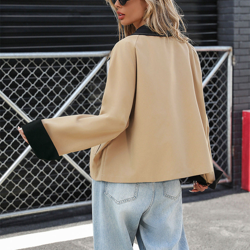Women Boxy Short Jacket with contrasting collar, cuffed sleeves and button placket Mune Fashion