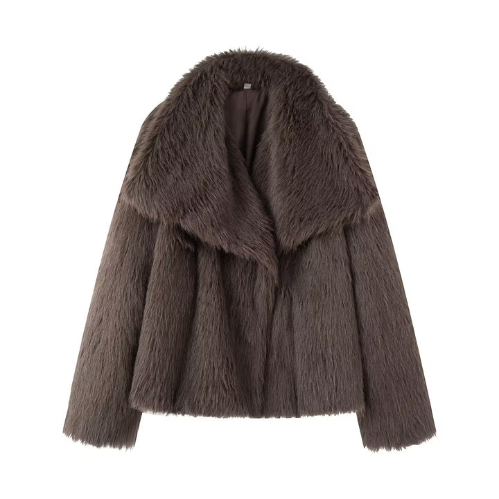 Women's Short Boxy Faux Fur Coat with Generous Shawl Collar and Soft Lining Mune Fashion