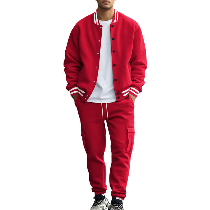 Men's sporty college two-piece made of heavy sweat with ribbed cuffs, snap-button bomber jacket and cargo jogger Mune Fashion