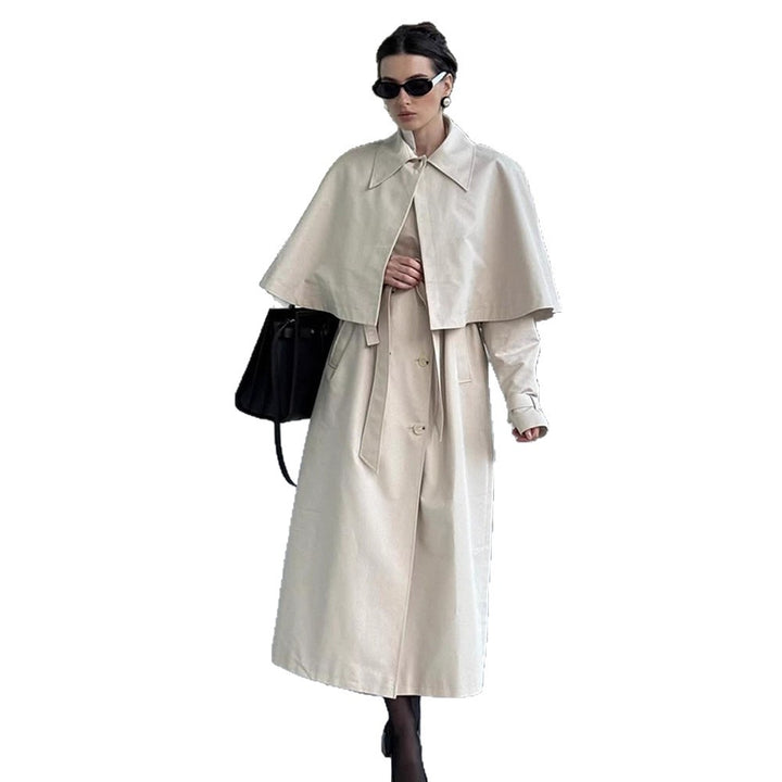 Women's Long Tailored Trench Coat with Detachable Cape and Tied Belt Mune Fashion