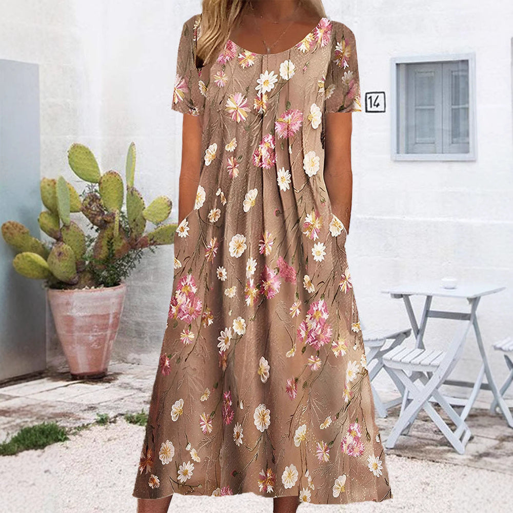 Women's nan Blumenswing midi dress with round neckline, inset pockets, and structured crepe quality Mune Fashion