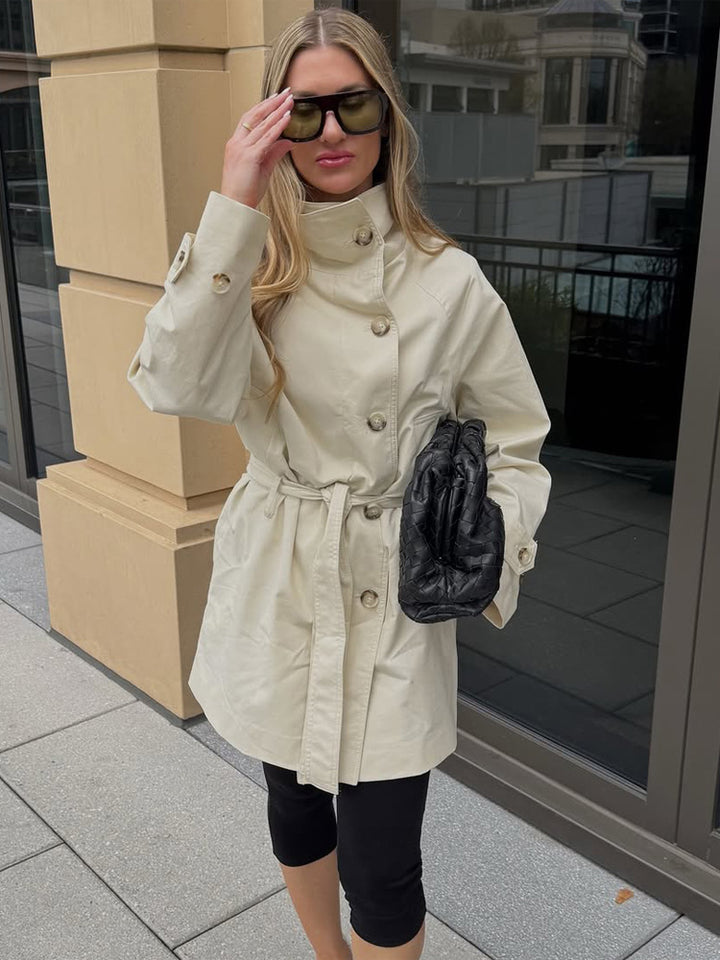 Women Short Wind and Transitional Coat with High Standing Collar and Tie Belt Mune Fashion