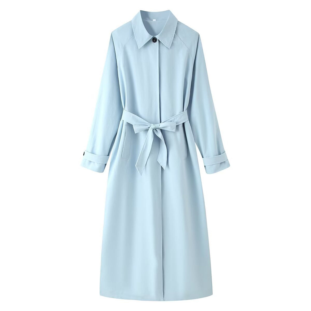 Women's Light Maxi Trench Coat with Concealed Button Placket, Ties Belt and Shirt Collar Mune Fashion