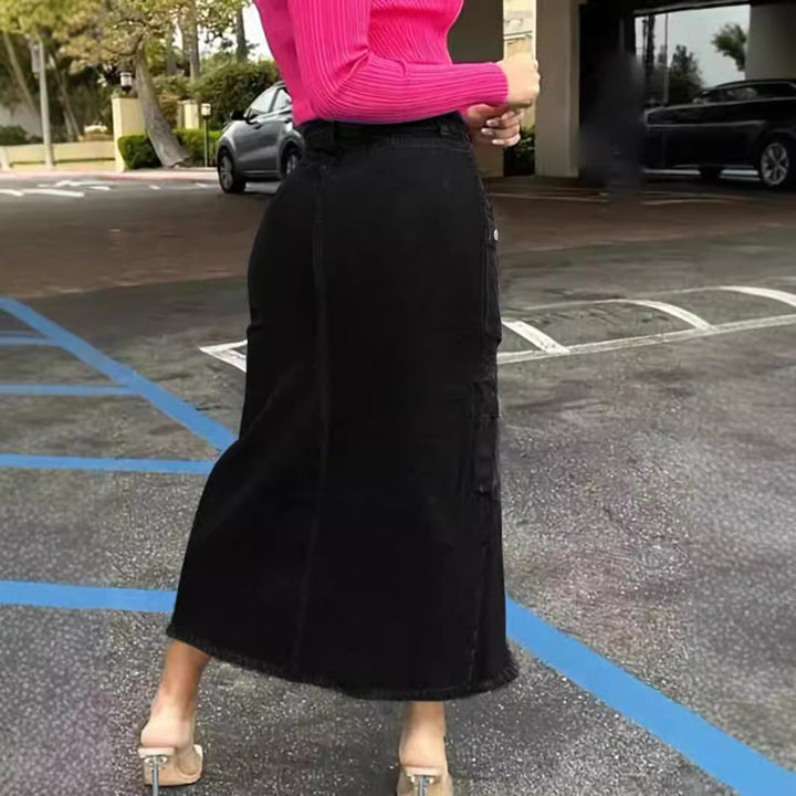 Ladies High-Waist Cargo Denim Midi Skirt with Front Slit Mune Fashion
