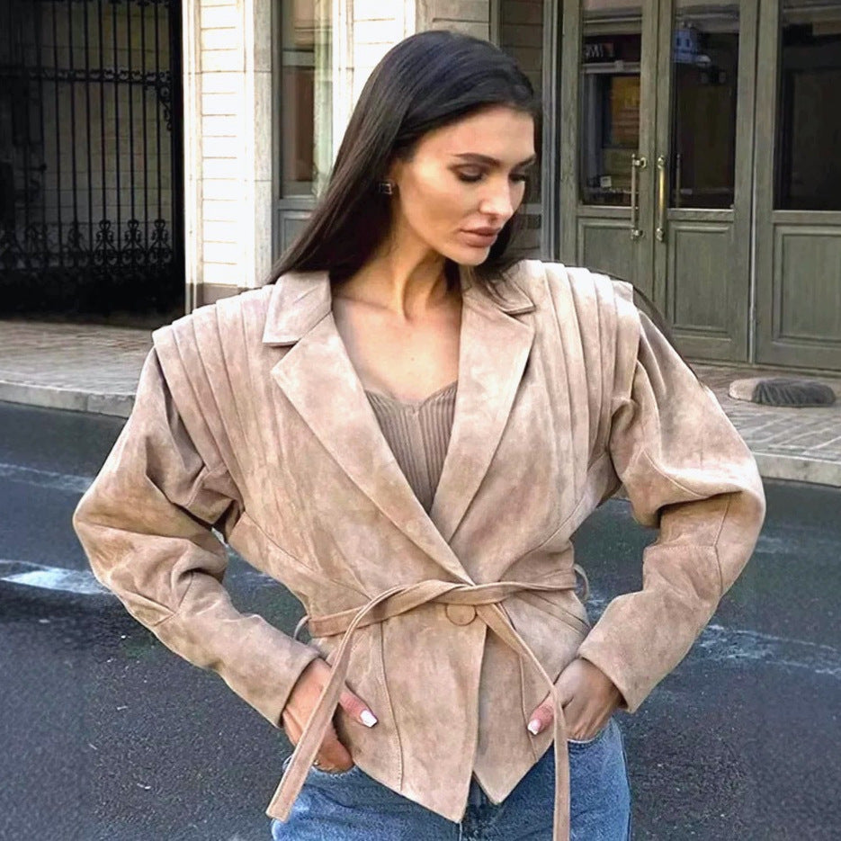 Women in tailored suede look blazer with wrap belt and gathered shoulders Mune Fashion