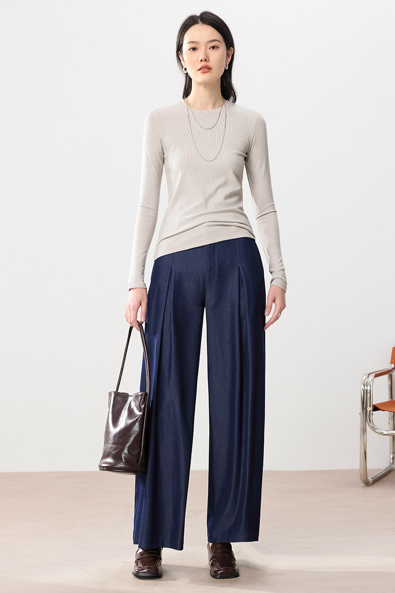 Women Fine Rib Long Sleeve Shirt with Turtleneck and Ruffle Edges Mune Fashion