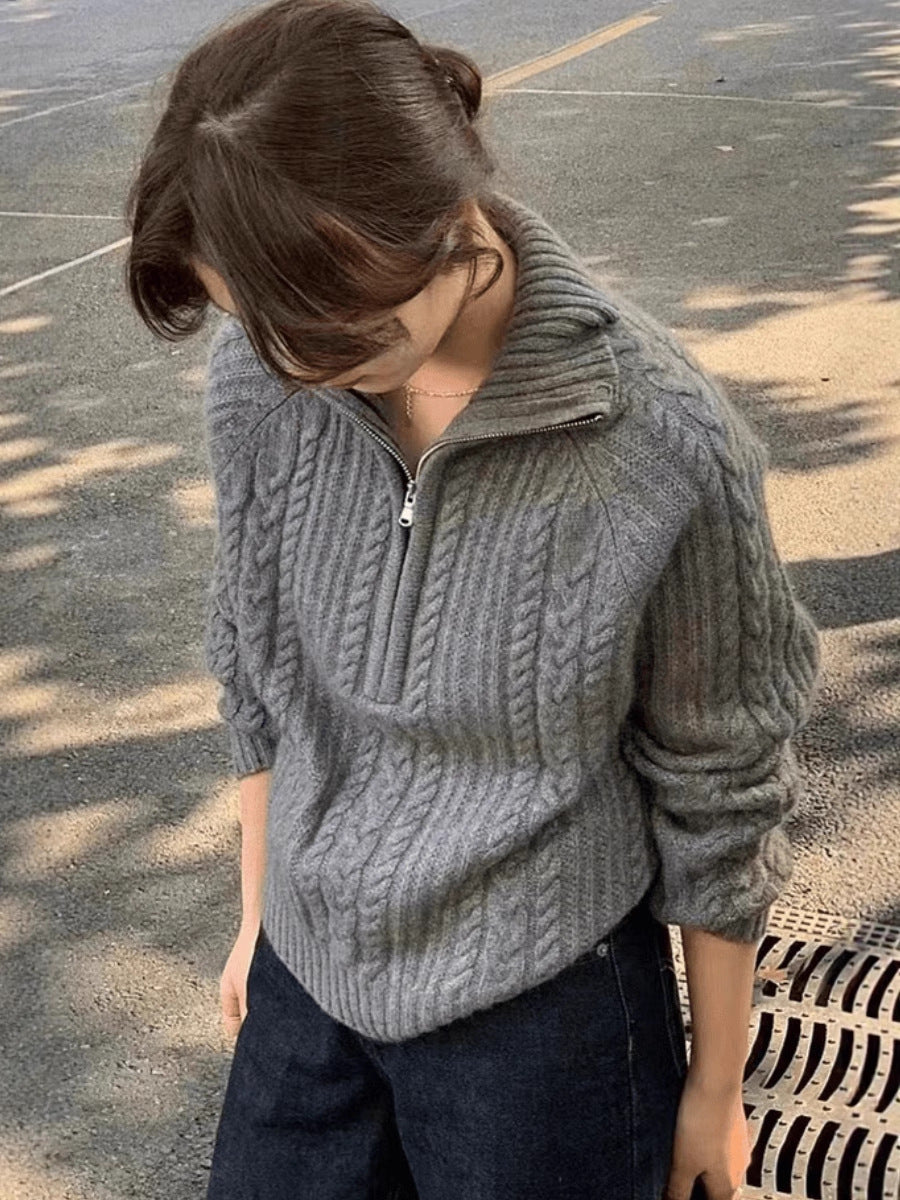 Ladies cable knit polo collar sweater with half zipper and soft mohair look Mune Fashion