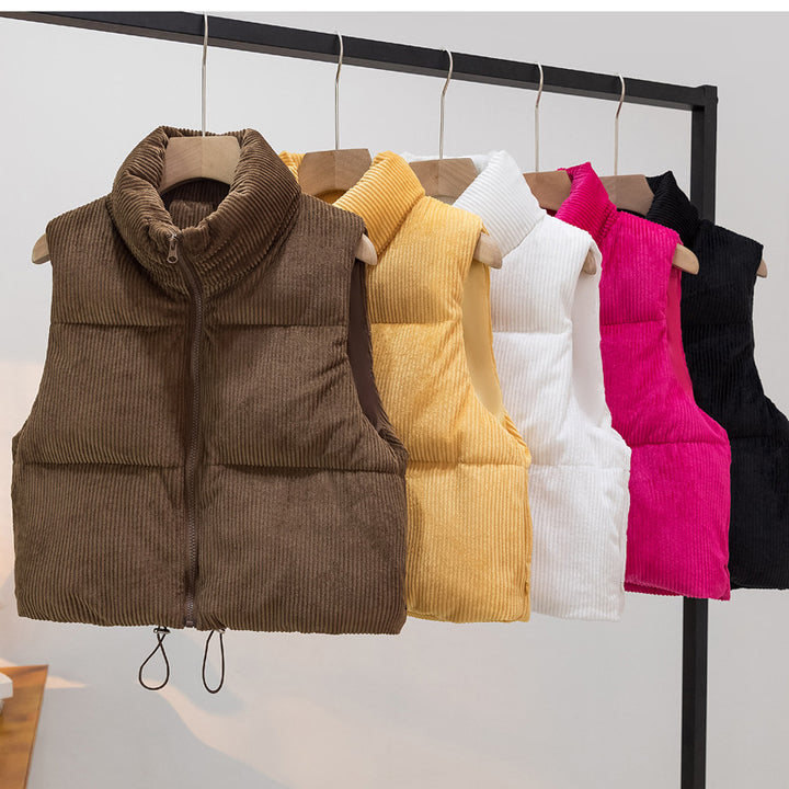 Women's padded cord quilted vest with stand-up collar and drawstring Mune Fashion