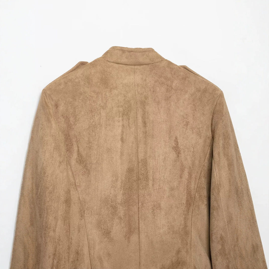Women’s short military-style jacket made of velour imitation with stand-up collar, epaulettes, and decorative button placket Mune Fashion
