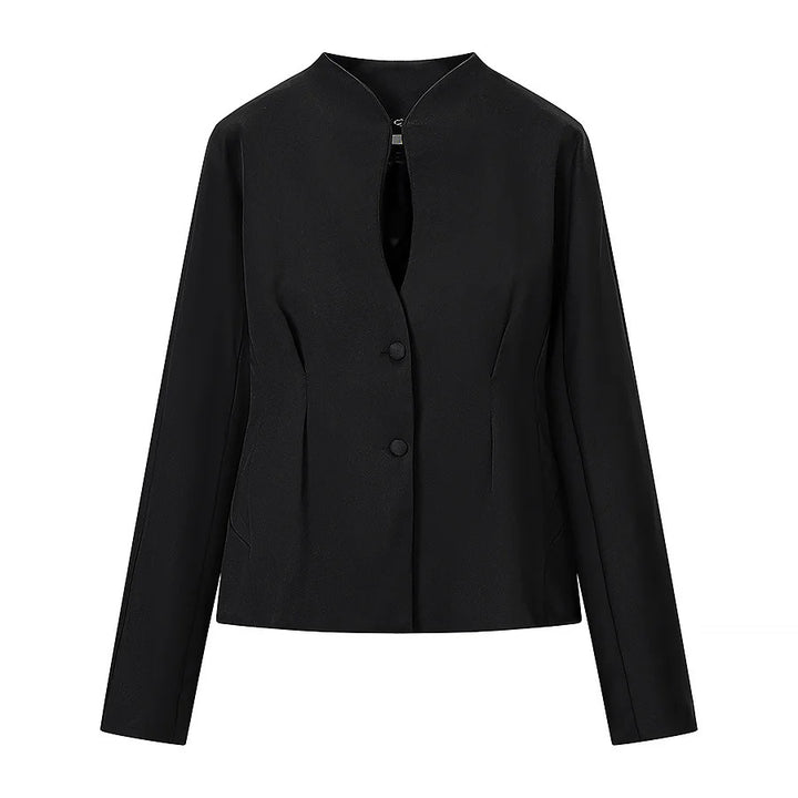 Women nan tailored short blazer with stand-up collar, cut-out front and concealed decorative seams Mune Fashion