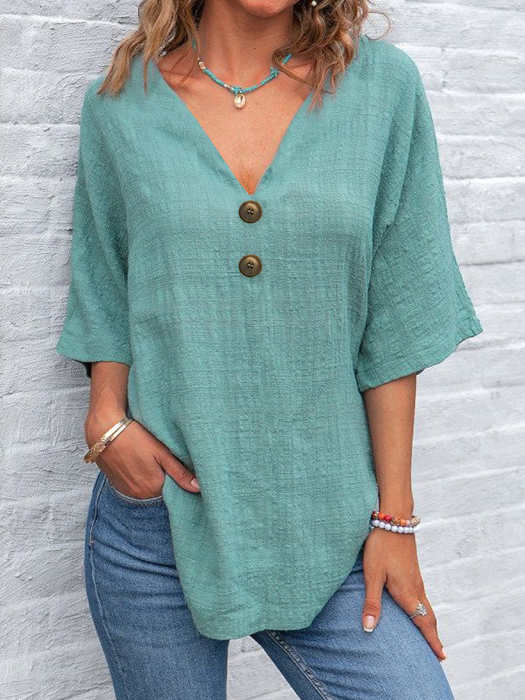 Women V-Neck Blouse with Button Details Mune Fashion