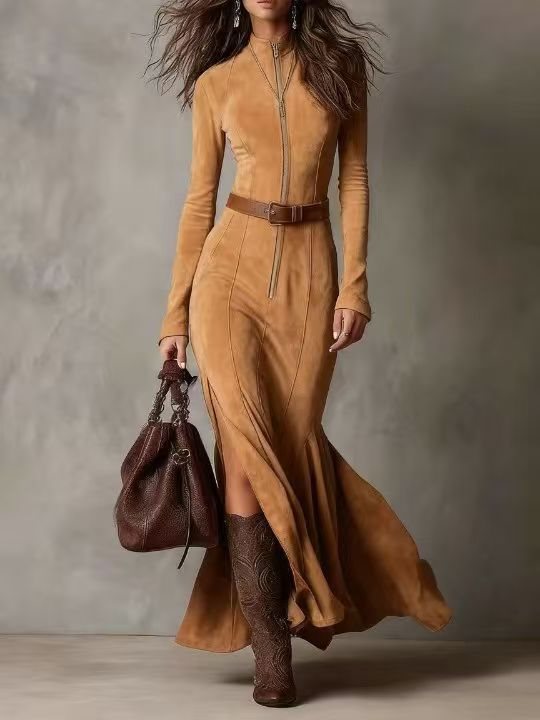 Women's Figure-Hugging Midi Dress Made of Faux Suede with Stand-Up Collar and Central Zipper Mune Fashion