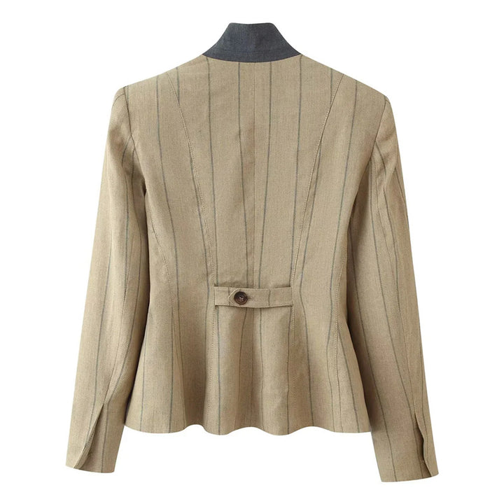 Women tailored linen blazer with stand-up collar and inset design elements Mune Fashion