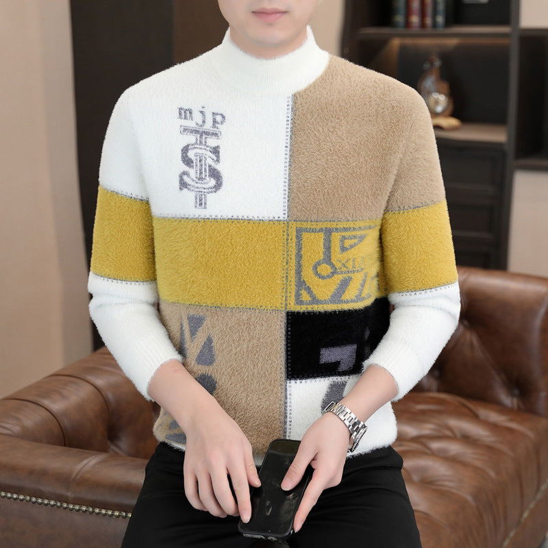 Men's patterned roll-neck pullover made of fluffy bouclé mix with patch intarsia Mune Fashion
