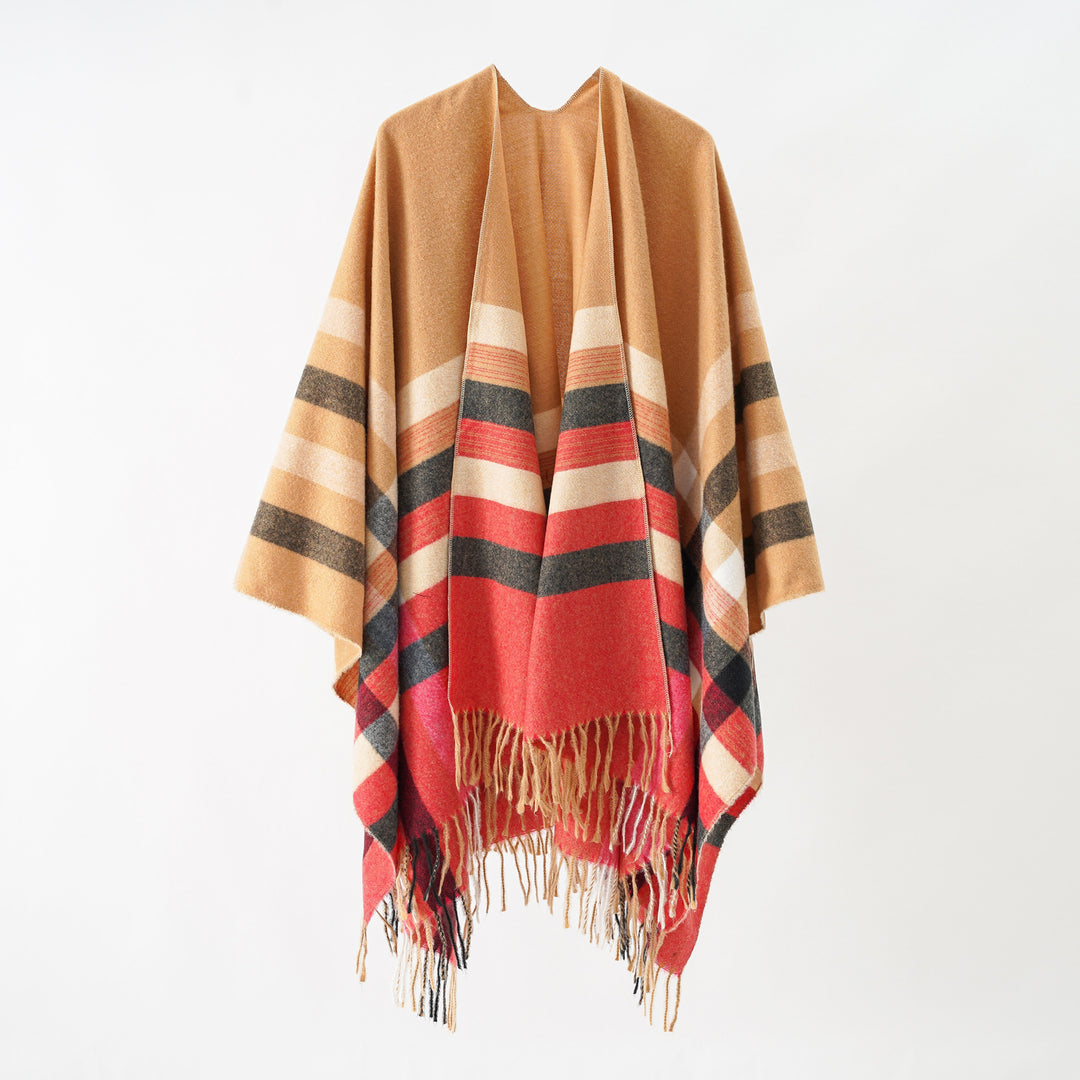 Women Chunky Knit Cape-Ruana in Oversize with Gradient Check Pattern and Fringe Hem Mune Fashion