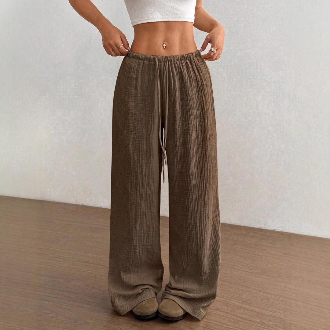 Women Lightweight Linen Look Pants with Wide Leg, Elastic Waistband and Drawstring Mune Fashion