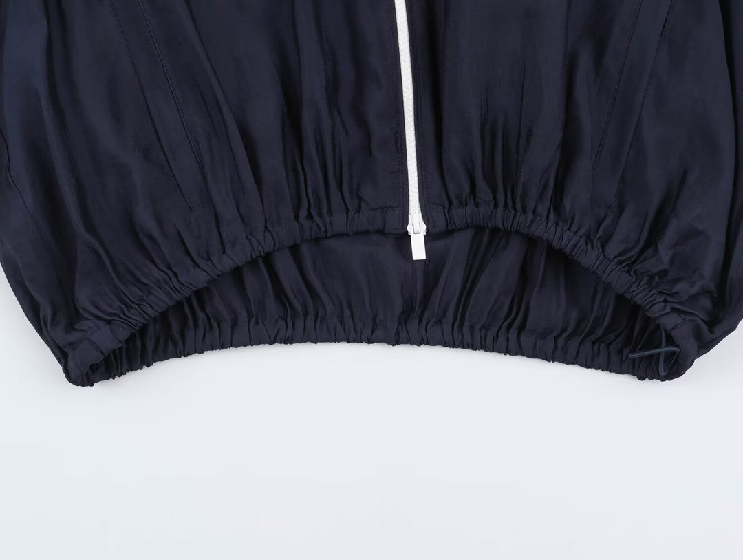 Women's Cropped Windbreaker Jacket with High Funnel Collar, Contrast Piping, and Elastic Hem