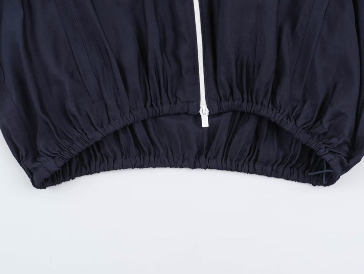 Women's Cropped Windbreaker Jacket with High Funnel Collar, Contrast Piping, and Elastic Hem