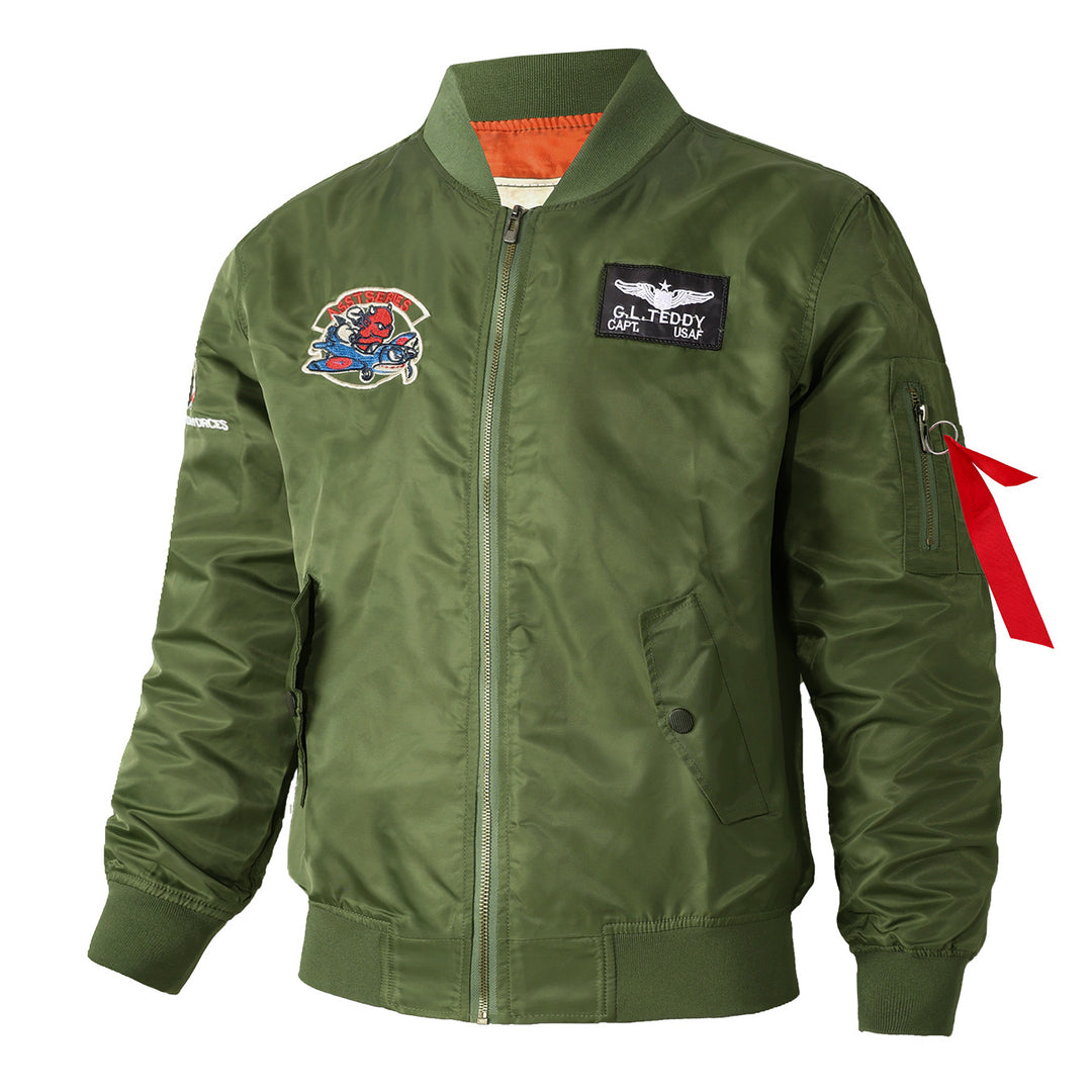 Men's  retro pilot-inspired flight jacket with embroidered crest, sleeve zipper utility pocket and contrast quilted lining Mune Fashion